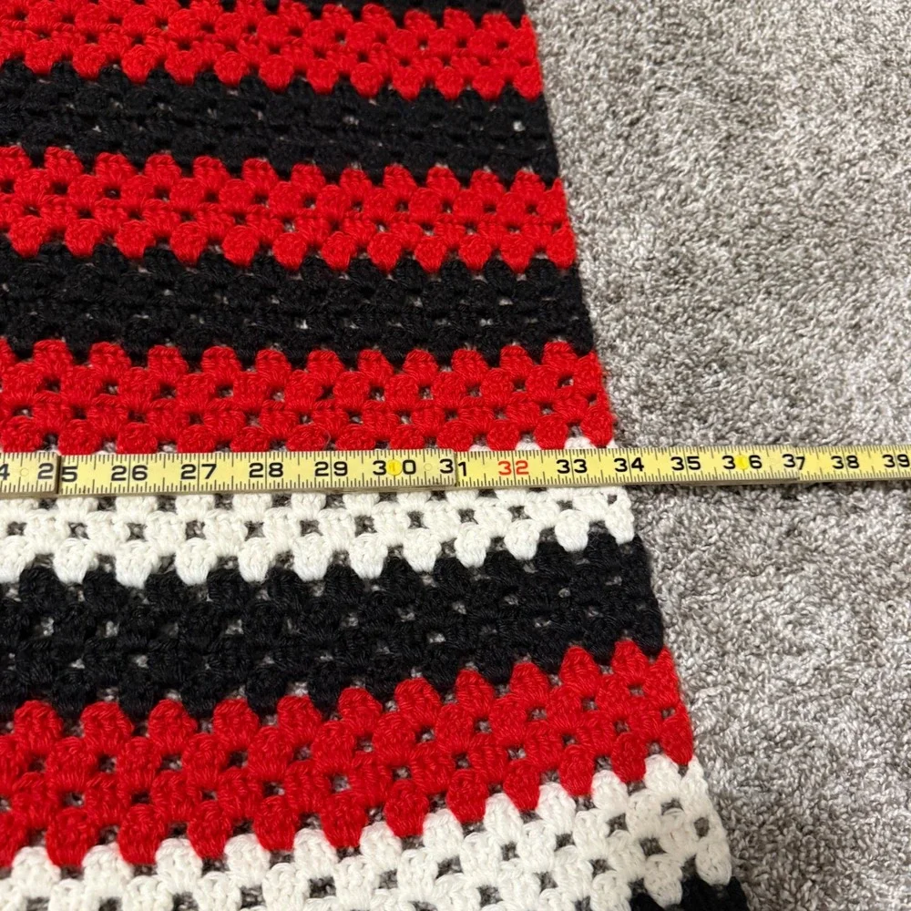 Handmade Crochet Throw Afghan Blanket Red Black White Striped Granny Stitch Boho